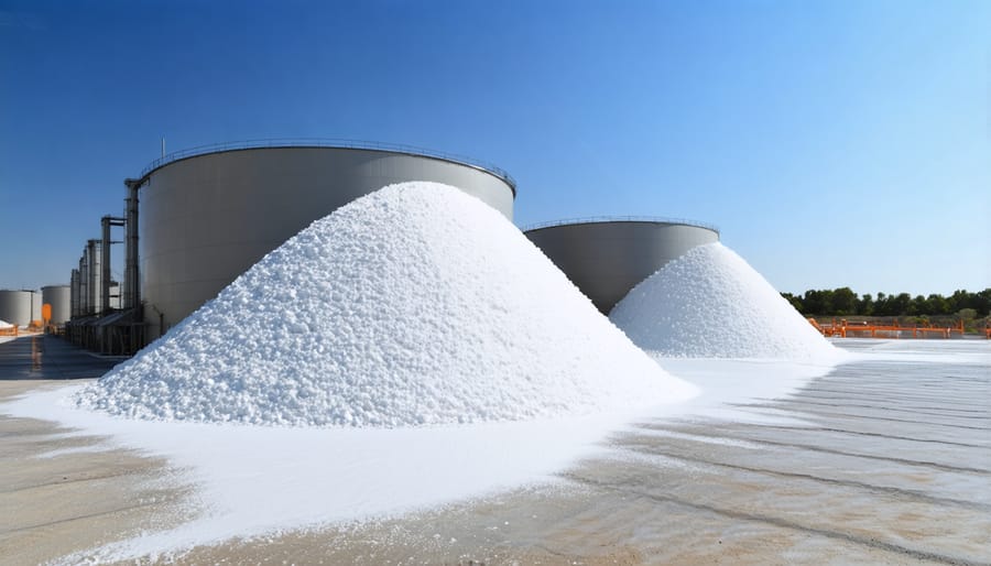 Aerial view of industrial molten salt storage tanks at a solar power facility