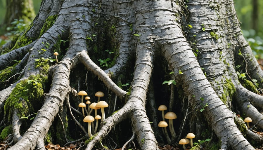 Magnified image showing fungal threads connecting multiple tree root systems underground