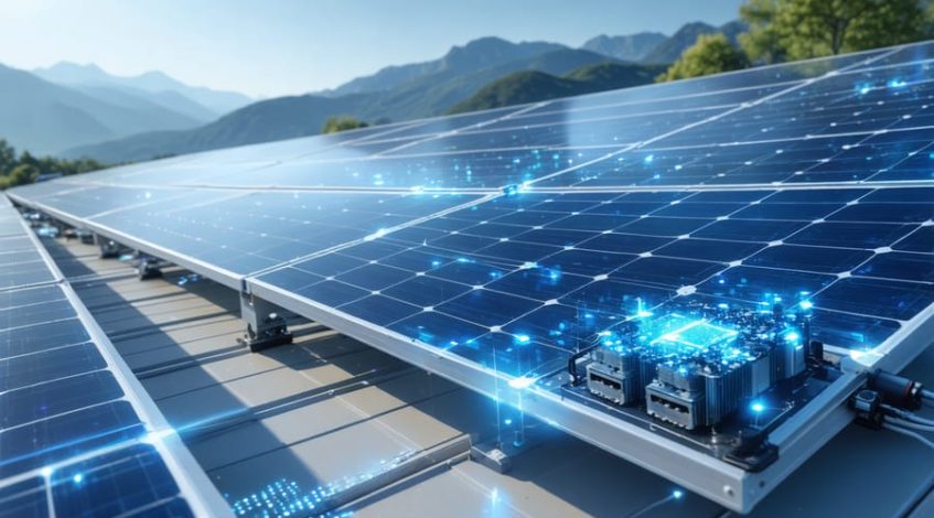 Illustration of a solar array with micro inverters demonstrating distributed energy generation in a remote setting, emphasizing efficient energy conversion and system independence.