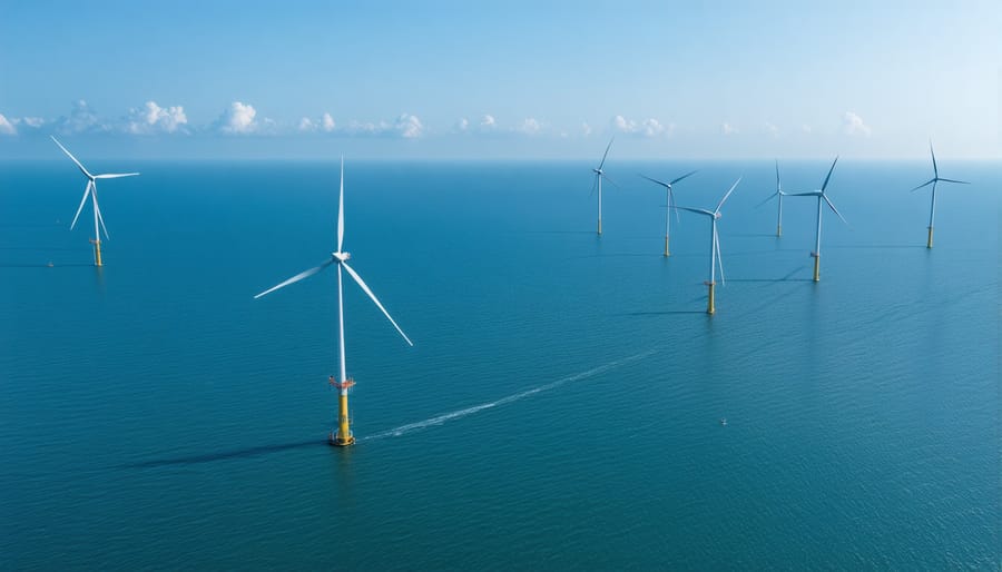 Large-scale offshore wind farm with dozens of wind turbines against ocean backdrop