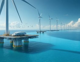 A modern offshore wind farm with floating wind turbine platforms, set against a calm blue ocean, showcasing the potential of marine wind power in renewable energy.