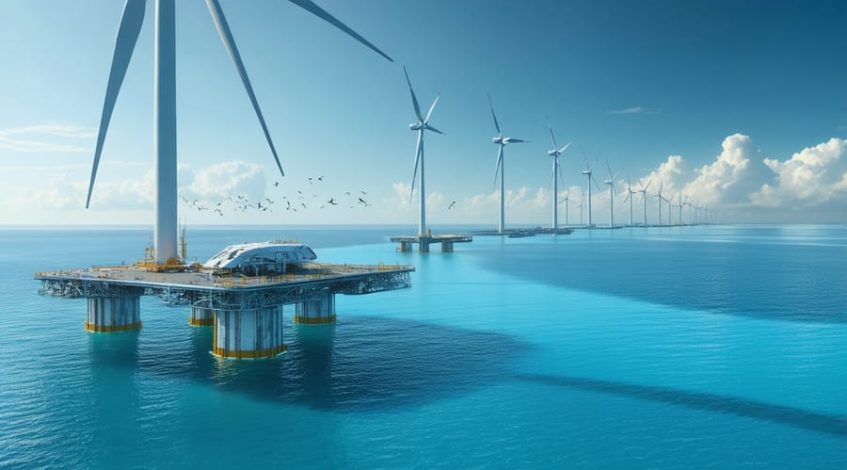 A modern offshore wind farm with floating wind turbine platforms, set against a calm blue ocean, showcasing the potential of marine wind power in renewable energy.