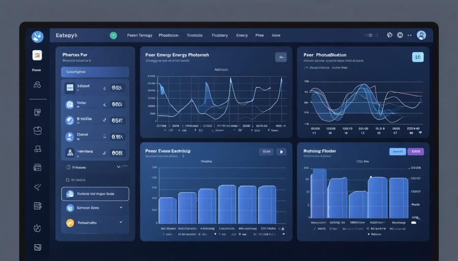 Screenshot of a P2P energy trading platform displaying real-time energy transactions and pricing