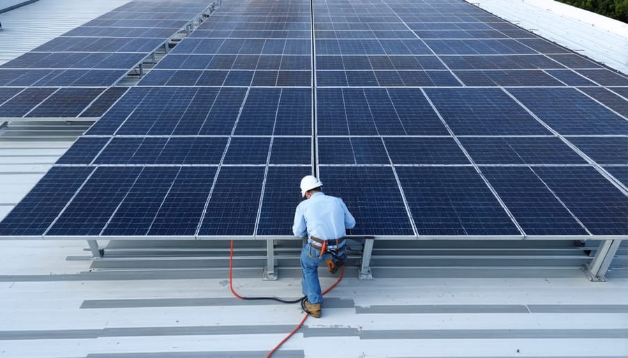 Team of certified solar installers mounting solar panels on a large commercial building roof