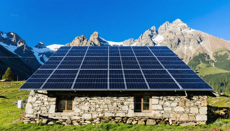 Solar array with micro inverters powering a remote facility in mountainous terrain