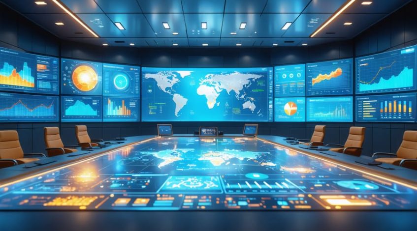 Futuristic control room with digital screens displaying live analytics of solar, wind, and hydroelectric energy generation, highlighting interactive data and energy potential.