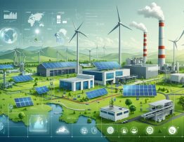 A conceptual illustration showing various industries adopting renewable energy systems with icons representing policy frameworks and incentives that highlight the shift towards sustainable industrial growth.