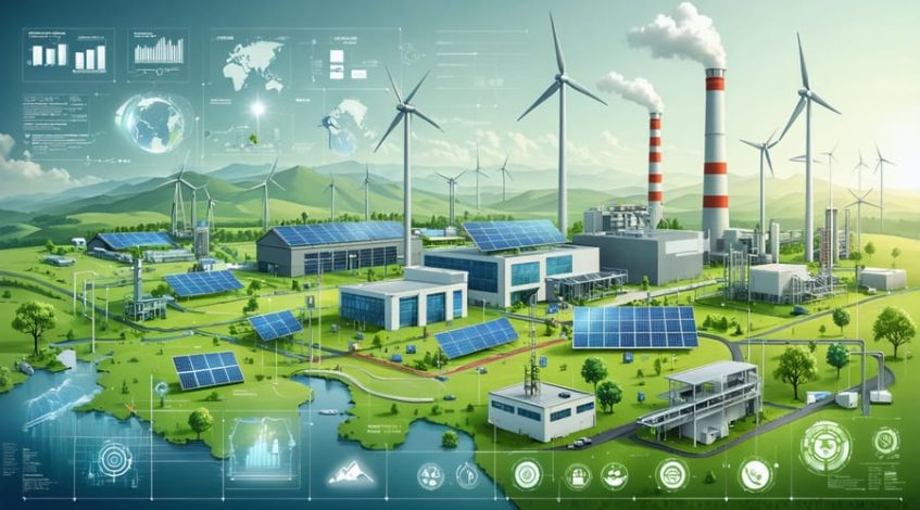 A conceptual illustration showing various industries adopting renewable energy systems with icons representing policy frameworks and incentives that highlight the shift towards sustainable industrial growth.