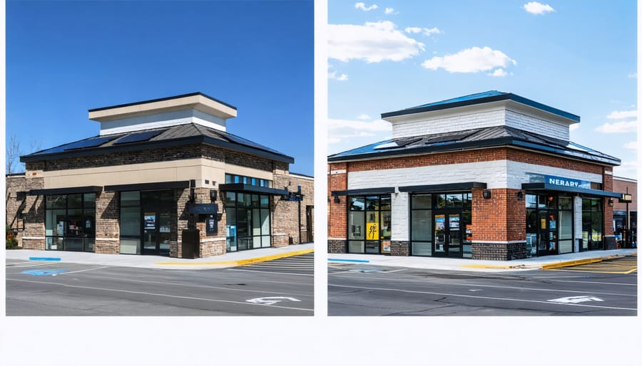 Comparison of retail building rooftop before and after solar panel installation