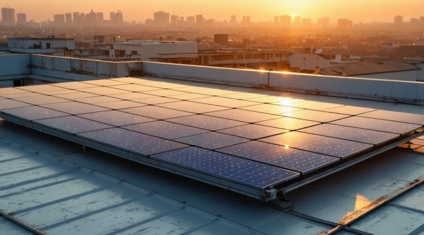 Futuristic rooftop solar installation featuring advanced perovskite-silicon tandem panels reflecting a golden sunset, with a modern city skyline emphasizing renewable energy transformation for commercial use.