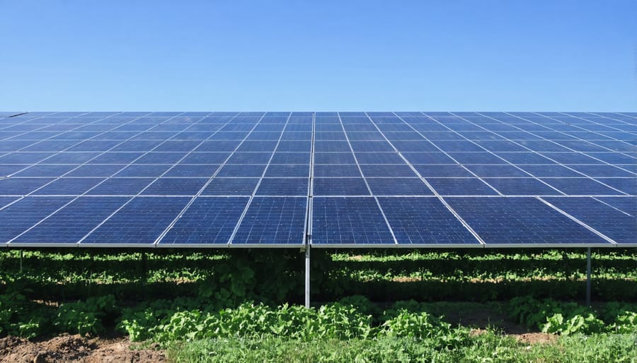 Large-scale solar installation adjacent to agricultural fields with farm buildings in background