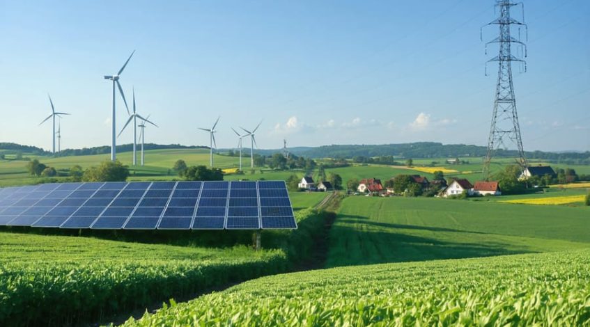 A modern rural landscape showcasing smart grid technology with solar panels, wind turbines, and a communication tower, symbolizing the integration of renewable energy and traditional rural life.