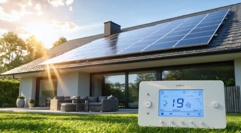 A modern home equipped with solar panels and a smart thermostat displaying energy savings, representing the impact of HVAC retrofits on energy efficiency and cost reduction.