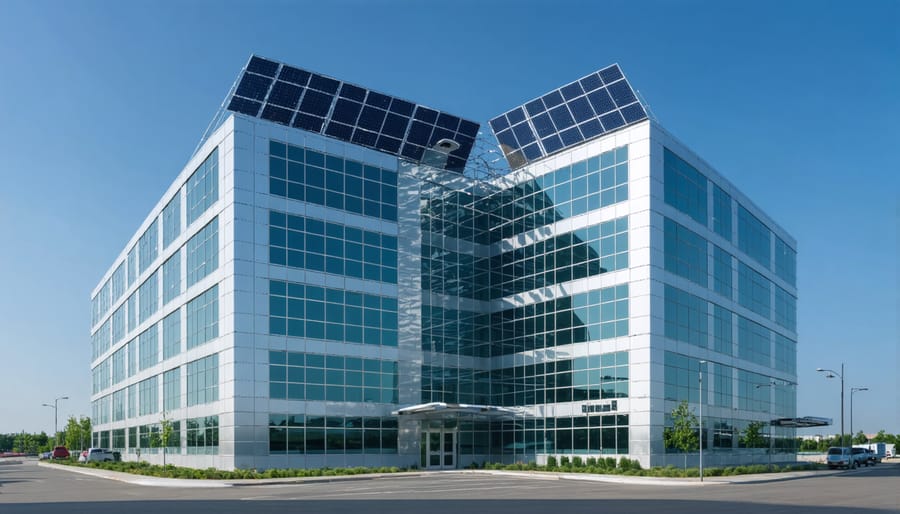 Commercial building featuring building-integrated photovoltaics with digital energy management display