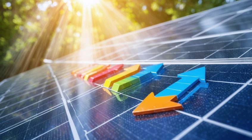 Conceptual image of a solar panel with overlayed graphics of sun rays and growth arrows, symbolizing the financial and environmental benefits of solar energy investment.