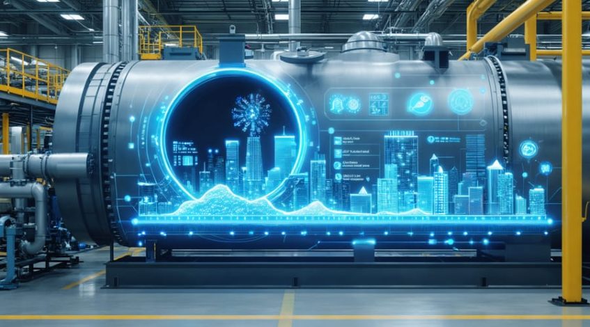 Advanced Smart-X dryer showcasing integrated AI sensors, IoT connectivity, and heat pump technology in a modern facility, highlighting energy efficiency and sustainability with graphical representations of cost savings.