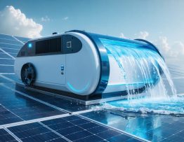 Illustration of a solar air water generator integrated with solar panels at an industrial facility, symbolizing the fusion of renewable energy and water harvesting to produce clean water.