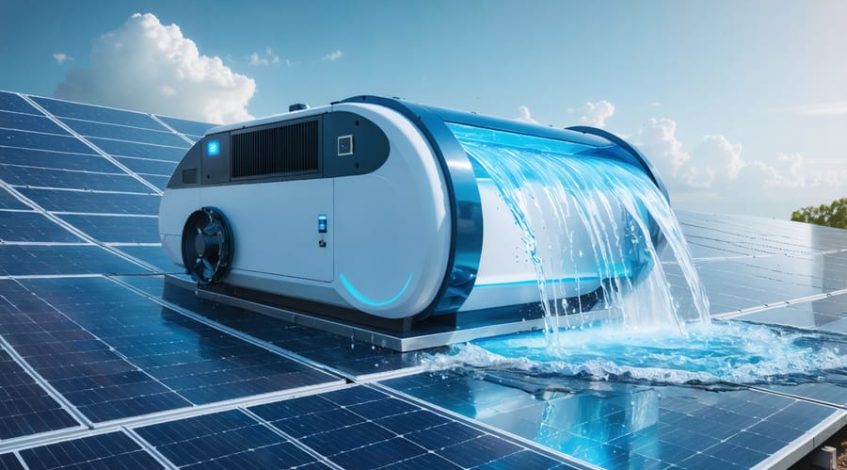 Illustration of a solar air water generator integrated with solar panels at an industrial facility, symbolizing the fusion of renewable energy and water harvesting to produce clean water.