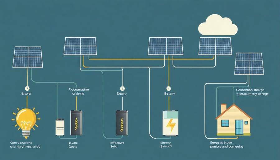 Diagram illustrating how solar energy is stored and distributed in a residential battery system