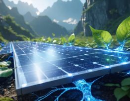 Conceptual image depicting solar panels integrated with leaf-like structures, symbolizing the synergy between technology and nature in energy systems.