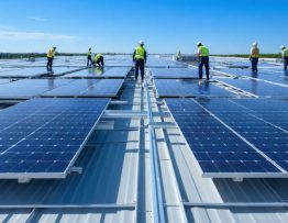 View of a commercial building rooftop with a team of professionals installing solar panels, highlighting the integration of solar energy solutions for reduced energy costs and sustainable growth.