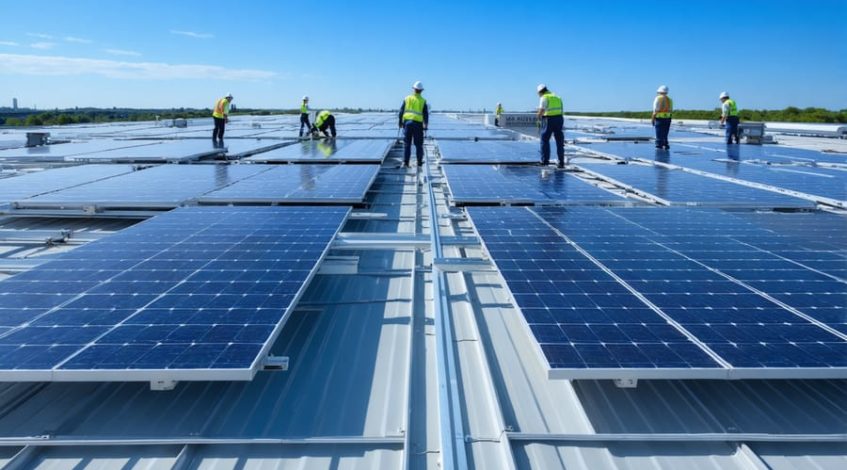 View of a commercial building rooftop with a team of professionals installing solar panels, highlighting the integration of solar energy solutions for reduced energy costs and sustainable growth.