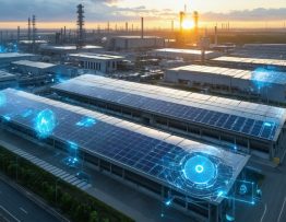 A modern industrial facility surrounded by expansive solar panel installations under a rising sun, symbolizing the integration of solar energy and technology for sustainable operations and cost reduction in energy-intensive industries.