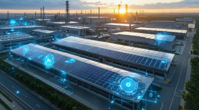 A modern industrial facility surrounded by expansive solar panel installations under a rising sun, symbolizing the integration of solar energy and technology for sustainable operations and cost reduction in energy-intensive industries.