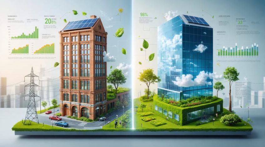 "Conceptual illustration of a commercial building transitioning from outdated energy practices to modern solar energy efficiency, showcasing solar panels, smart technology, and environmental benefits."