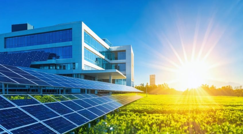 Illustration of a hospital integrated with a solar power system, highlighting renewable energy's role in providing reliable power for critical healthcare services.