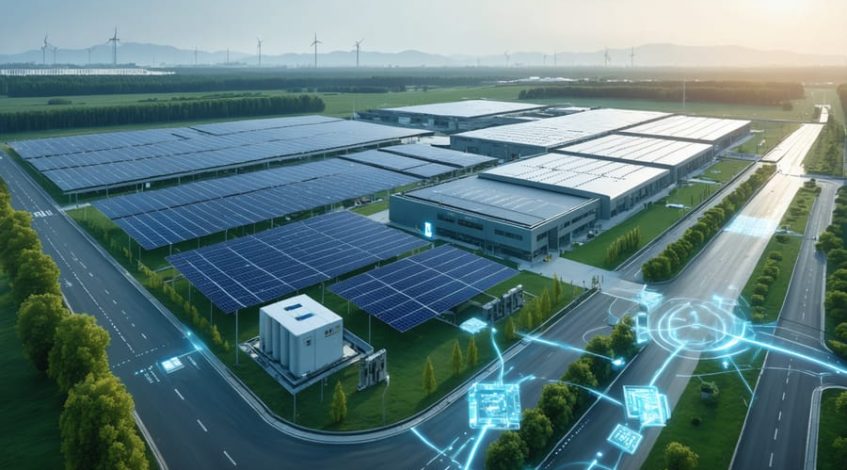 A conceptual illustration depicting an advanced energy storage system integrated with solar panels at a commercial facility, showcasing solid-state and flow batteries alongside digital data streams.
