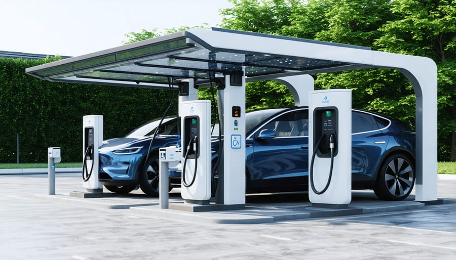 Solar-powered EV charging station with several vehicles charging under photovoltaic canopy