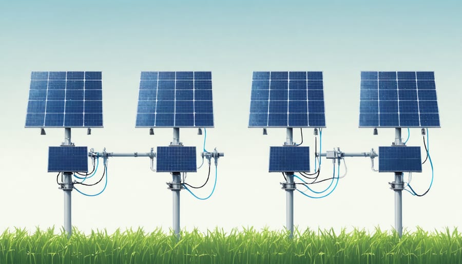Technical illustration of various solar panel mounting systems and configurations for farm installations