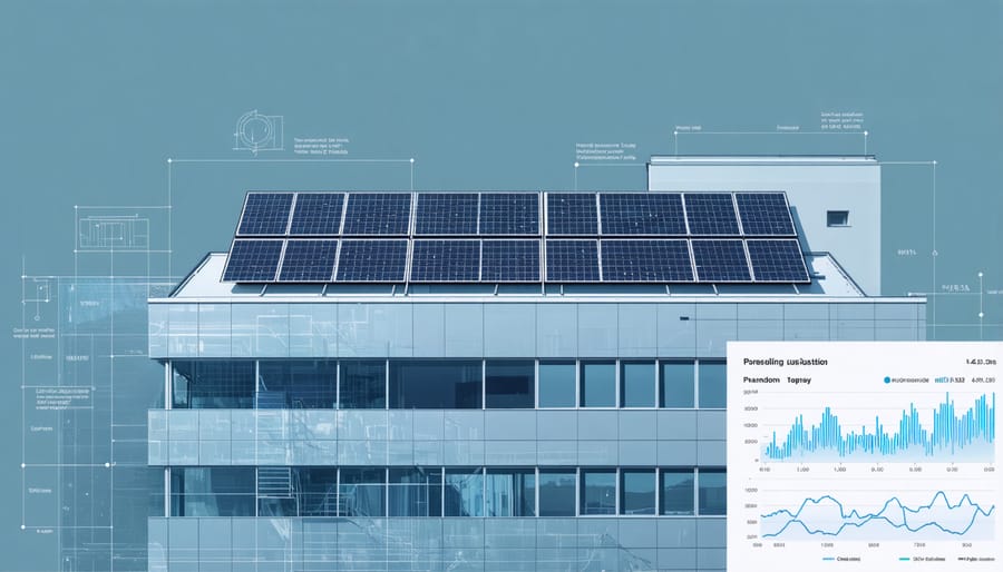 Commercial building featuring solar panels with superimposed leasing and financial data