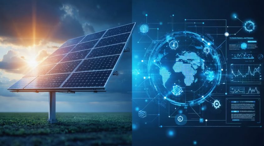 Conceptual illustration showing the relationship between solar panel energy and blockchain nodes with energy consumption metrics, highlighting the themes of transparency and environmental impact.