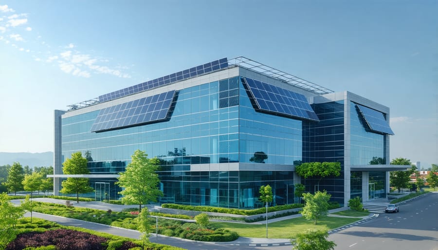Sustainable commercial building featuring prominent solar panel array and eco-friendly design elements