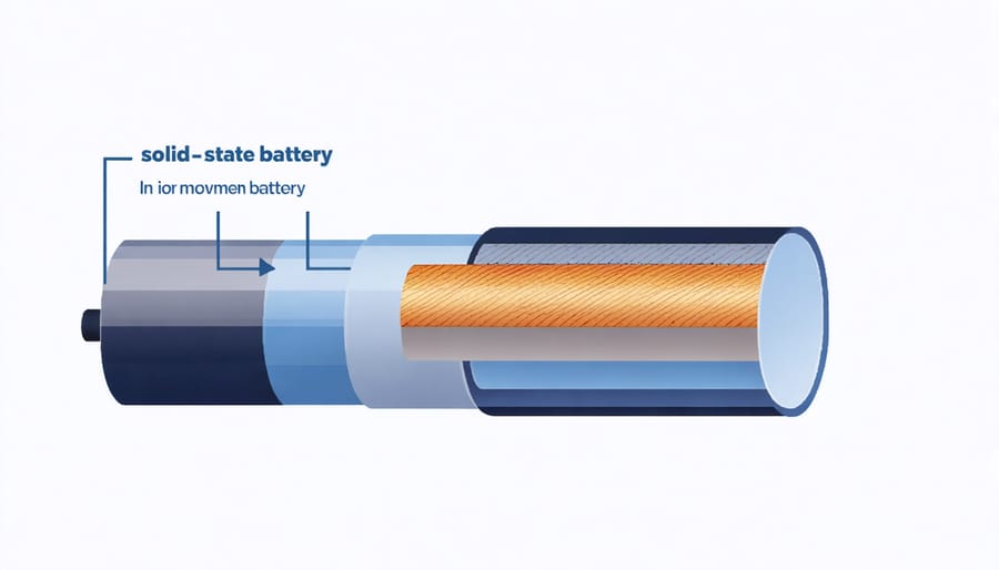 Technical illustration of solid-state battery architecture and functionality