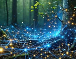 Artistic representation of a mycorrhizal fungal network intertwined with a digital smart grid, showing connections between tree roots and energy nodes to highlight the synergy in natural and human-engineered systems.