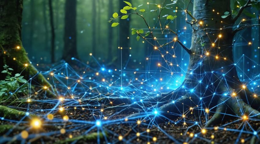 Artistic representation of a mycorrhizal fungal network intertwined with a digital smart grid, showing connections between tree roots and energy nodes to highlight the synergy in natural and human-engineered systems.
