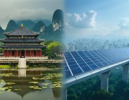 A juxtaposed image showing a traditional Asian temple alongside a modern cityscape with solar panels, symbolizing the blend of tradition and innovation in solar energy adoption globally.