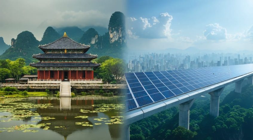 A juxtaposed image showing a traditional Asian temple alongside a modern cityscape with solar panels, symbolizing the blend of tradition and innovation in solar energy adoption globally.