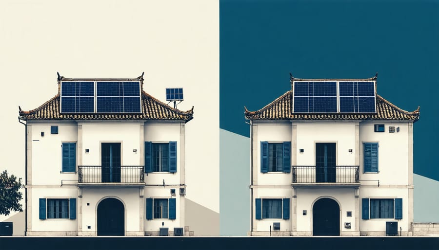 Traditional Asian temple with solar panels on modern buildings in background, illustrating the balance between tradition and innovation