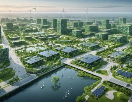 An aerial view of a modern urban landscape showcasing rooftop solar panels, green corridors, urban wetlands, and wind turbines, illustrating the integration of functional ecology in urban planning.