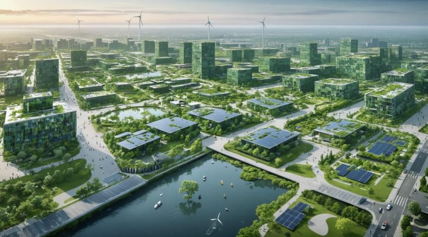 An aerial view of a modern urban landscape showcasing rooftop solar panels, green corridors, urban wetlands, and wind turbines, illustrating the integration of functional ecology in urban planning.