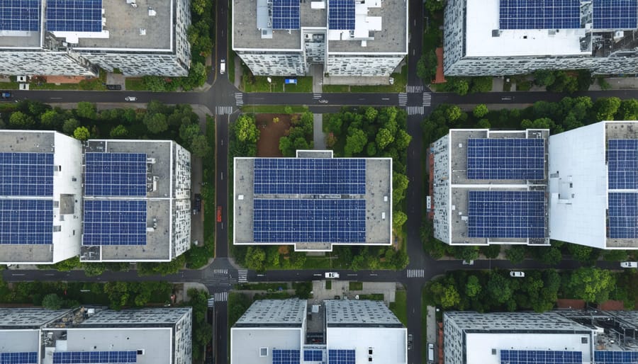 Bird's eye view of urban solar integration with interconnected green spaces between buildings