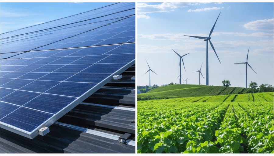 Comparison of urban solar panels on buildings and wind turbines in a rural setting