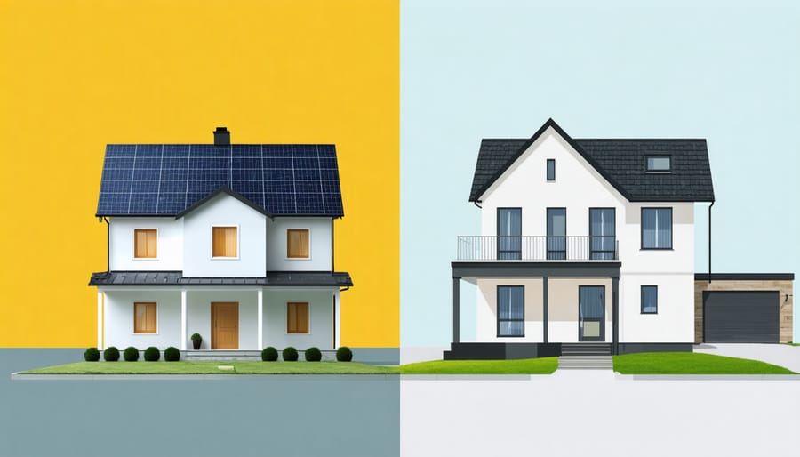 Side-by-side comparison of traditional home and energy efficient home showing insulation, solar panels, and efficient windows