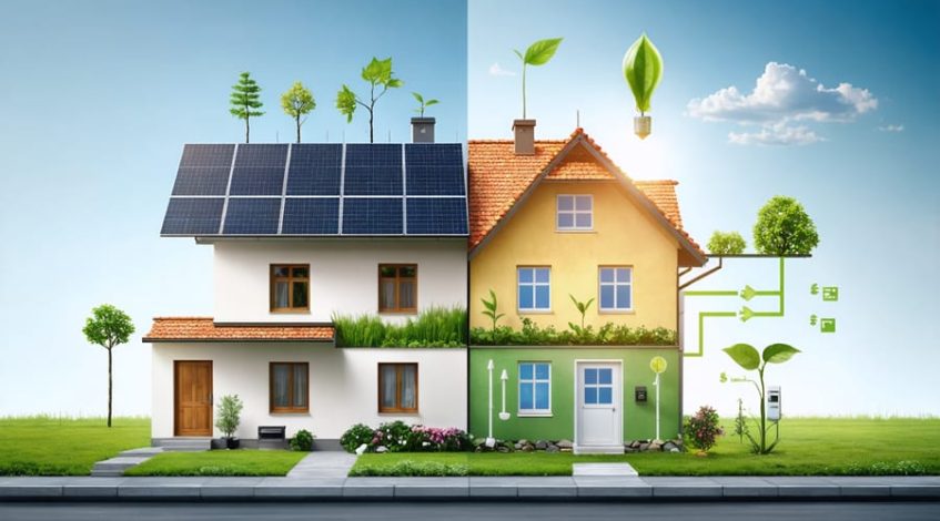 Conceptual split illustration depicting transformation of a traditional home into an energy-efficient home, featuring solar panels, upgraded HVAC system, and enhanced insulation, highlighting the benefits of VA Energy Efficient Mortgages.