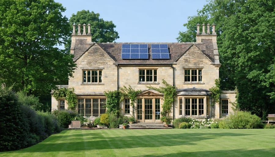 Historic Victorian manor with ground-mounted solar panels tastefully integrated into landscaping