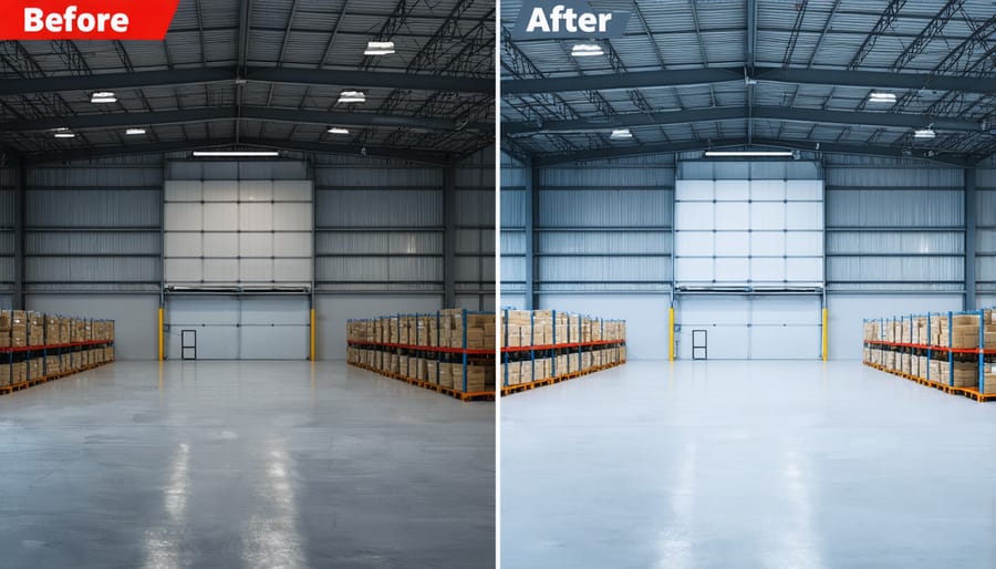 Split image comparing warehouse air quality before and after solar air water generator implementation